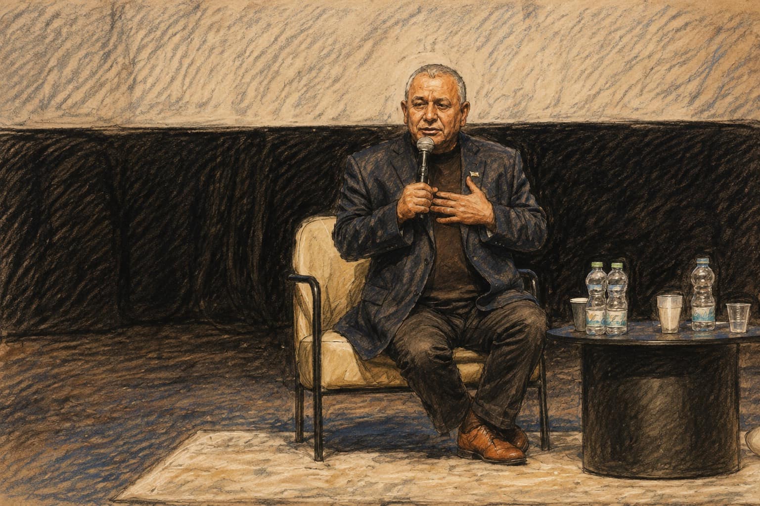 Courtroom-sketch editorial illustration of Gadi Eisenkot seated onstage speaking into a handheld microphone with one hand on his chest beside a small table of water bottles and cups, drawn in warm ochre and slate-blue pastel with cross-hatching on sepia newsprint.