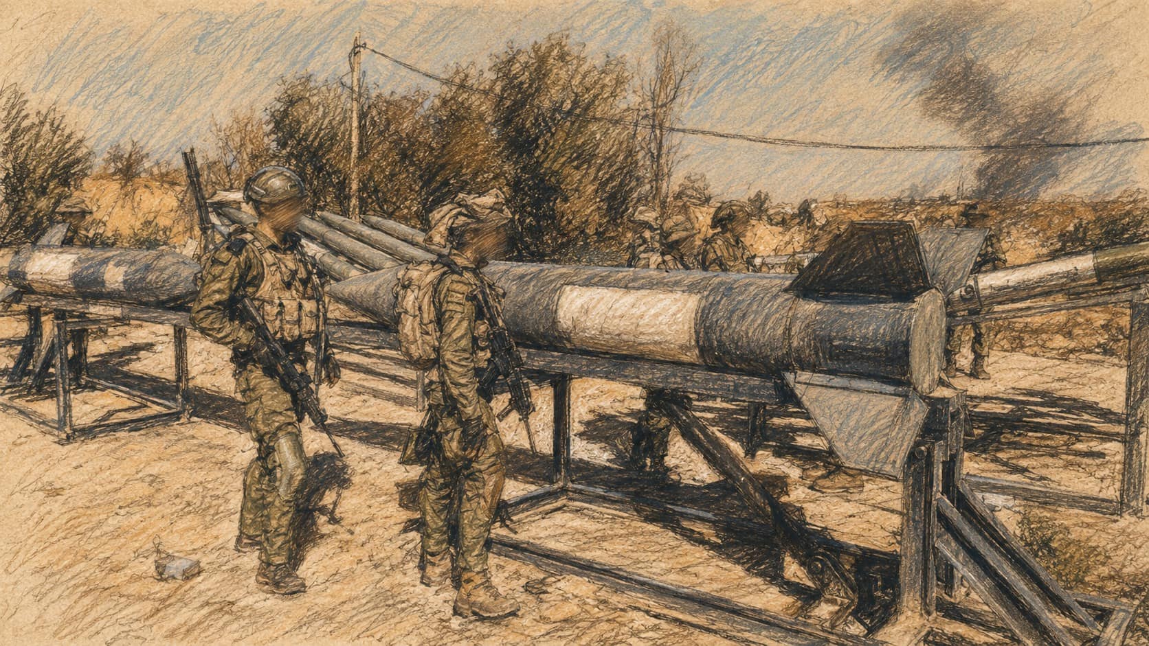 Courtroom-sketch editorial illustration of IDF soldiers inspecting captured long rockets arranged on metal stands at a sandy Gaza outpost, drawn in warm ochre and slate-blue pastel with cross-hatching on sepia newsprint.