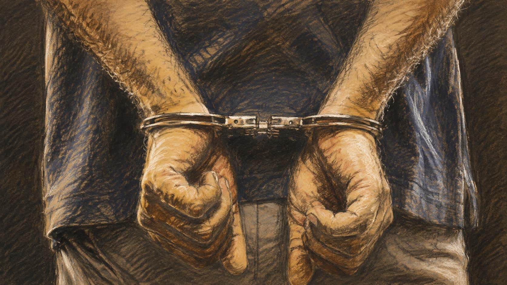 Courtroom-sketch editorial illustration of an adult man's hands held behind his back in metal handcuffs, drawn in warm ochre and slate-blue pastel with cross-hatching on sepia newsprint.