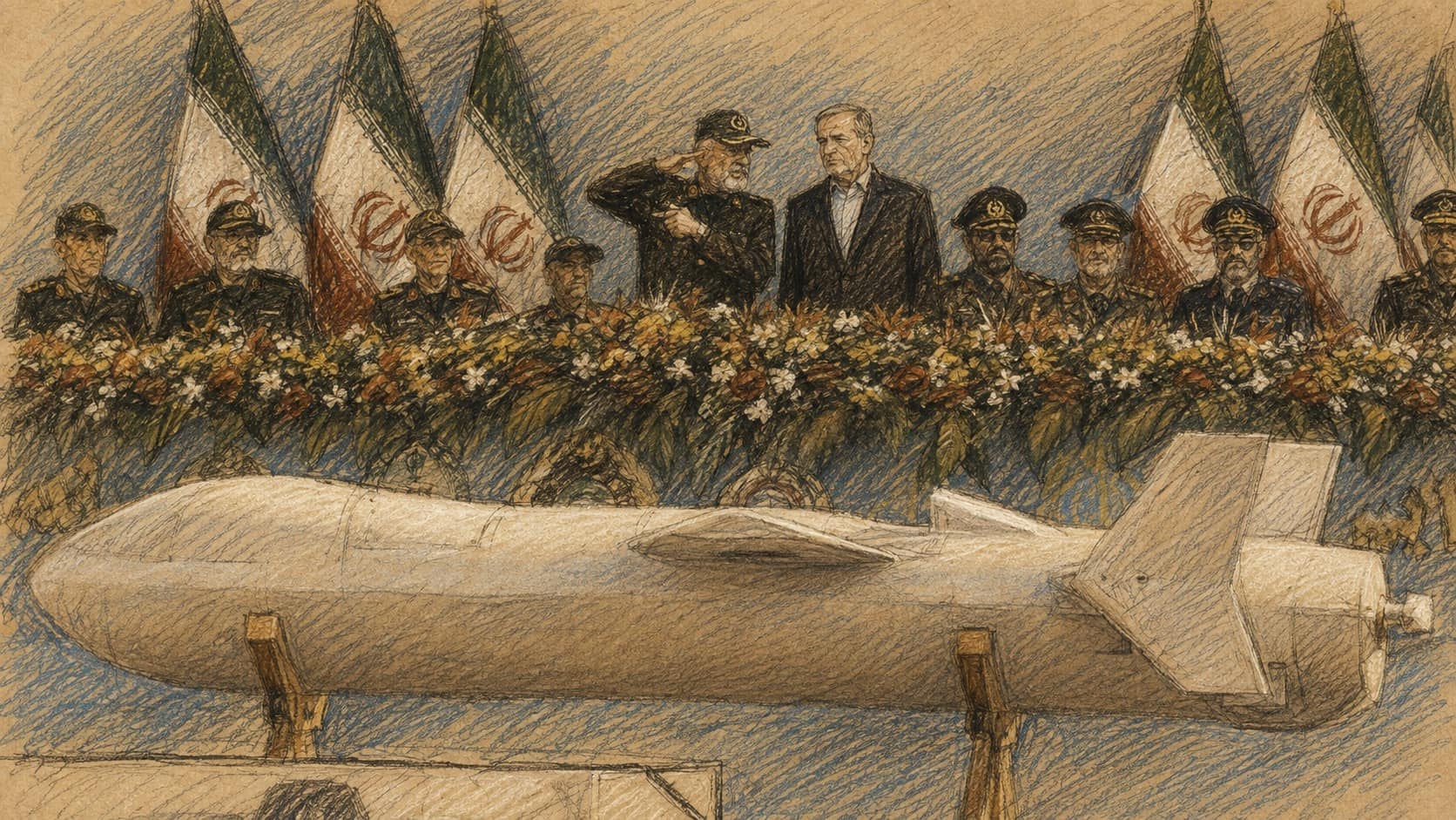 Courtroom-sketch editorial illustration of a large white missile displayed before Iranian military officers and senior officials on a flag-lined reviewing platform, rendered in warm ochre and slate-blue pastel strokes.