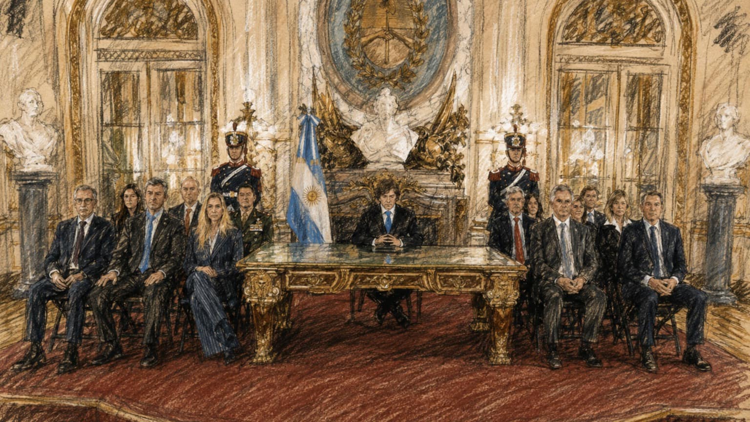 Courtroom-sketch editorial illustration of President Javier Milei seated at an ornate presidential desk in the Casa Rosada, flanked by officials and ceremonial guards beneath Argentina's national emblem, rendered in warm ochre and slate-blue pastel strokes.