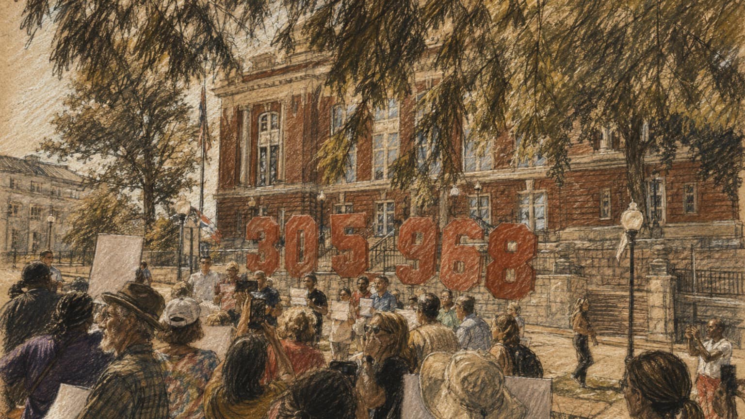 Courtroom-sketch editorial illustration of a crowd of referendum demonstrators gathered outside Missouri's red-brick State Capitol beneath overhanging tree branches, rendered in warm ochre and slate-blue pastel strokes.
