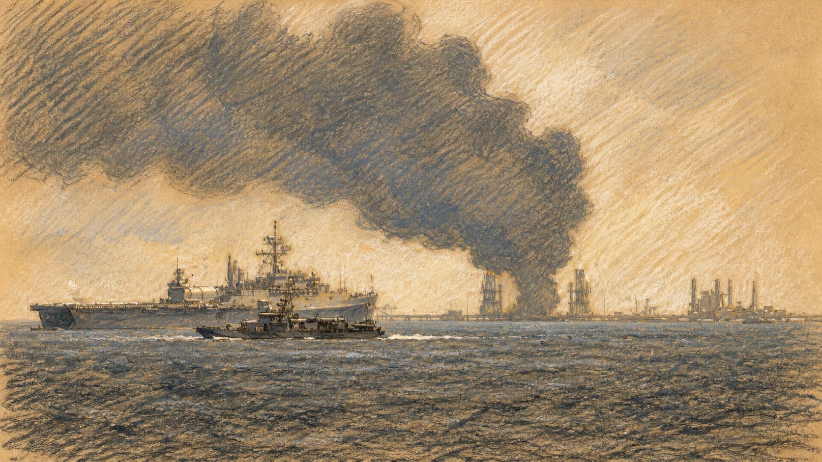Courtroom-sketch editorial illustration of an oil terminal emitting a dense smoke plume across open water, with a large ship and a smaller service vessel nearby, rendered in warm ochre and slate-blue pastel strokes.