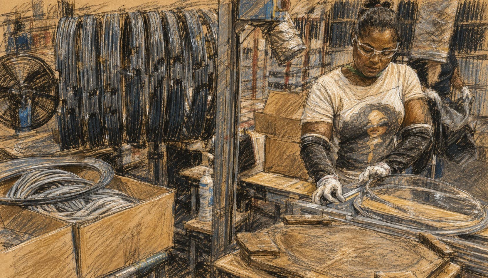Courtroom-sketch editorial illustration of a factory worker wearing safety glasses and protective gloves assembling an appliance amid coiled hoses, boxes, tools, and industrial machinery, rendered in warm ochre and slate-blue pastel strokes.