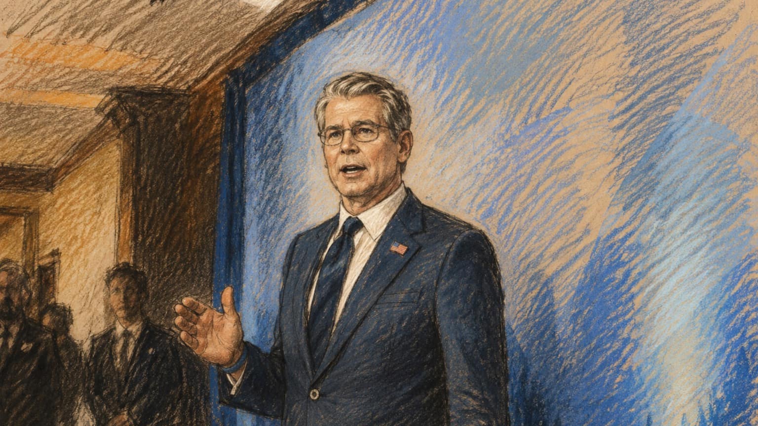 Courtroom-sketch editorial illustration of U.S. Treasury Secretary Scott Bessent speaking mid-gesture in a dark suit before a blue-lit conference backdrop, rendered in warm ochre and slate-blue pastel strokes.