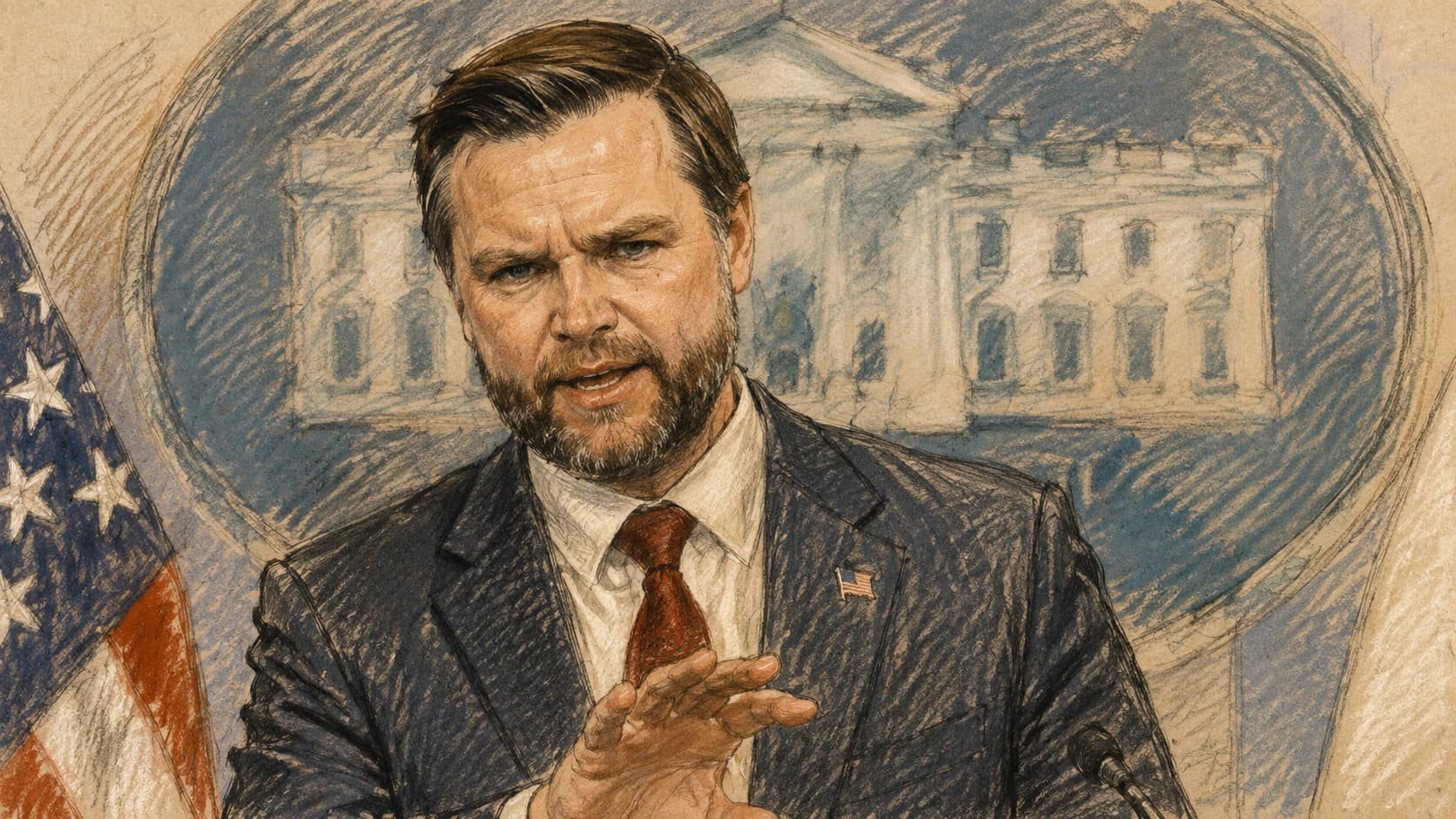 Courtroom-sketch editorial illustration of Vice President JD Vance speaking and gesturing in the White House briefing room, with the White House emblem and part of an American flag behind him, drawn in warm ochre and slate-blue pastel with cross-hatching on sepia newsprint.