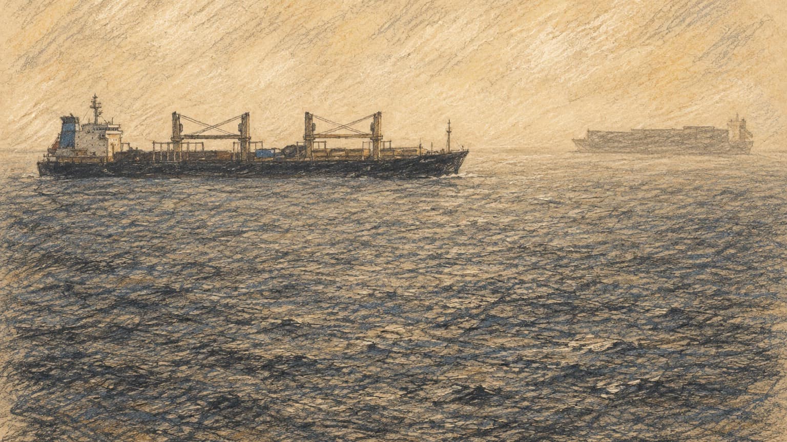 Courtroom-sketch editorial illustration of two cargo ships crossing a hazy open sea near the Bab el-Mandeb strait, rendered in warm ochre and slate-blue pastel strokes.