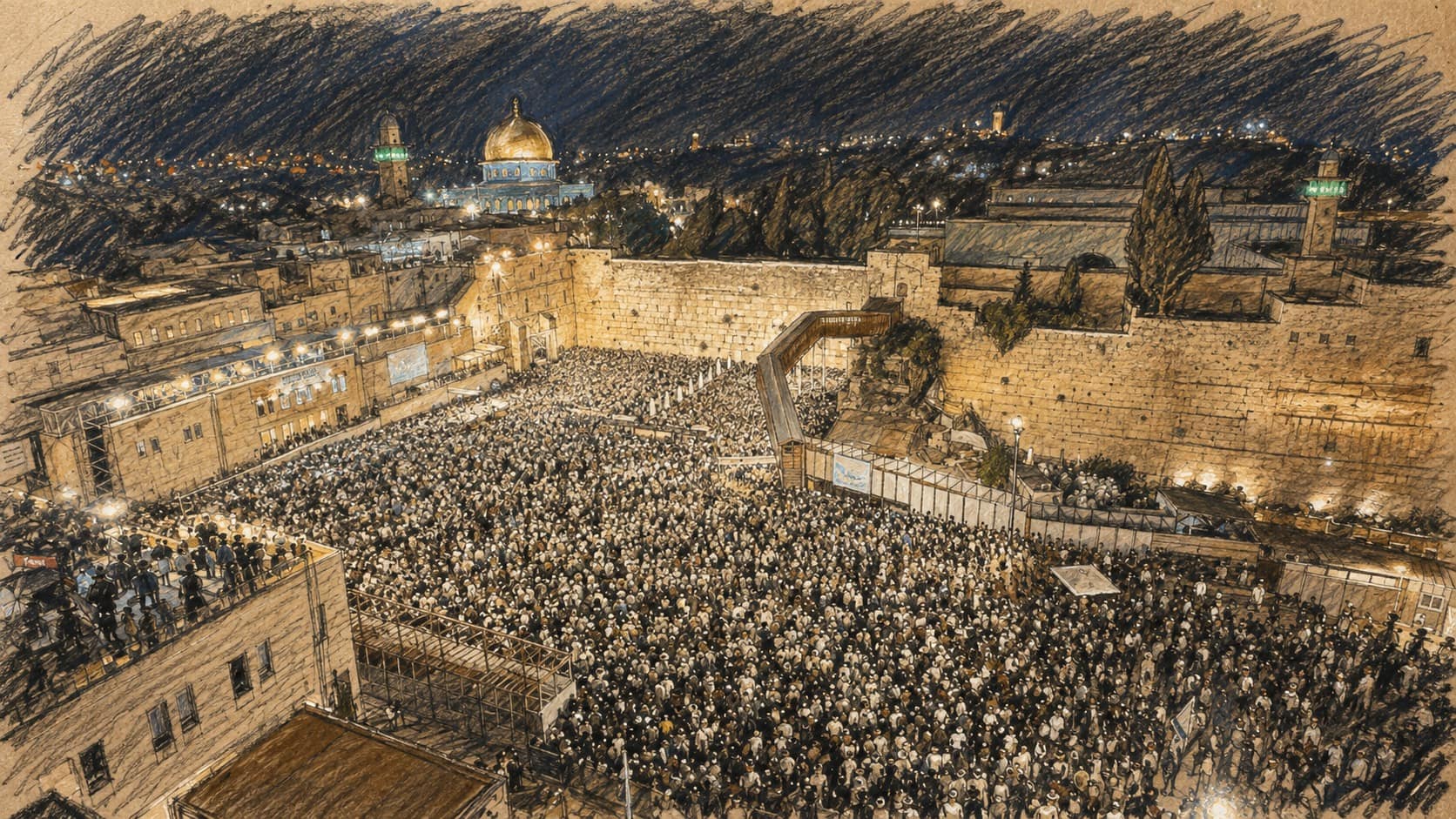 Courtroom-sketch editorial illustration of a vast crowd of Jewish worshippers filling the Western Wall Plaza at night beneath the illuminated Western Wall, with the Old City skyline and golden Dome of the Rock beyond, drawn in warm ochre and slate-blue pastel with cross-hatching on sepia newsprint.