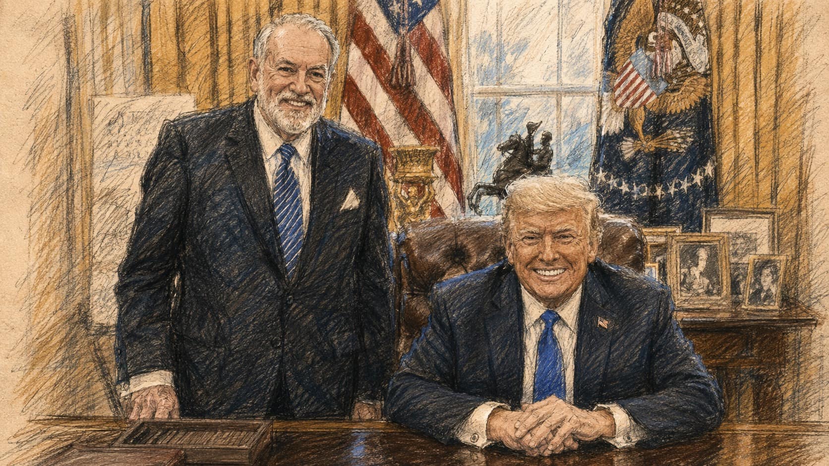 Courtroom-sketch editorial illustration of Mike Huckabee standing beside Donald Trump seated behind the Resolute Desk in the Oval Office, with American and presidential flags, gold curtains, and windows behind them, drawn in warm ochre and slate-blue pastel with cross-hatching on sepia newsprint.