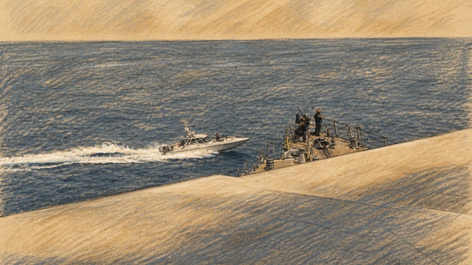 Courtroom-sketch editorial illustration of two Iranian IRGC Navy speedboats maneuvering near a large U.S. Navy vessel in open water, viewed across the ship's deck and drawn in warm ochre and slate-blue pastel with cross-hatching on sepia newsprint.