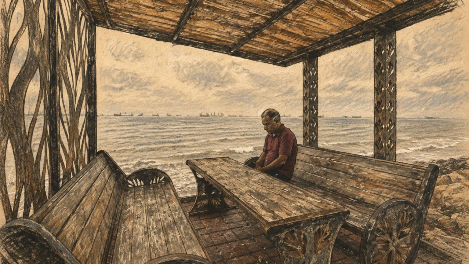 Courtroom-sketch editorial illustration of a solitary man seated beneath a rustic wooden shelter overlooking a gray sea with distant tankers on the horizon, rendered in warm ochre and slate-blue pastel strokes.