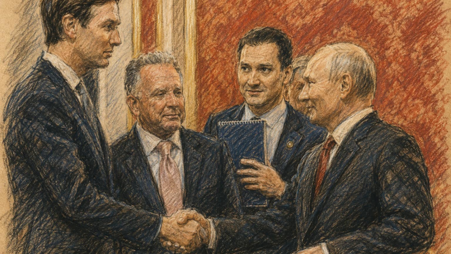 Courtroom-sketch editorial illustration of Vladimir Putin shaking Jared Kushner's hand while Steve Witkoff and another official stand nearby in an ornate red-and-gold room, rendered in warm ochre and slate-blue pastel strokes.