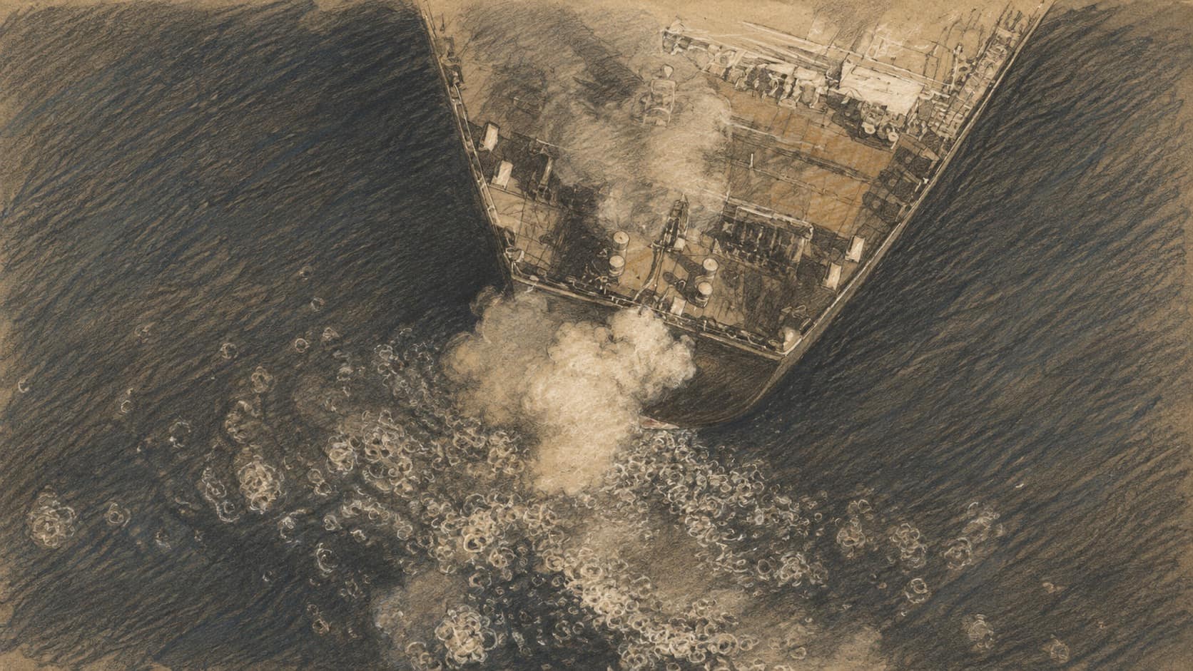 Courtroom-sketch editorial illustration of an overhead view of an oil tanker's stern with billowing smoke and pale disturbances in the surrounding sea, rendered in warm ochre and slate-blue pastel strokes.