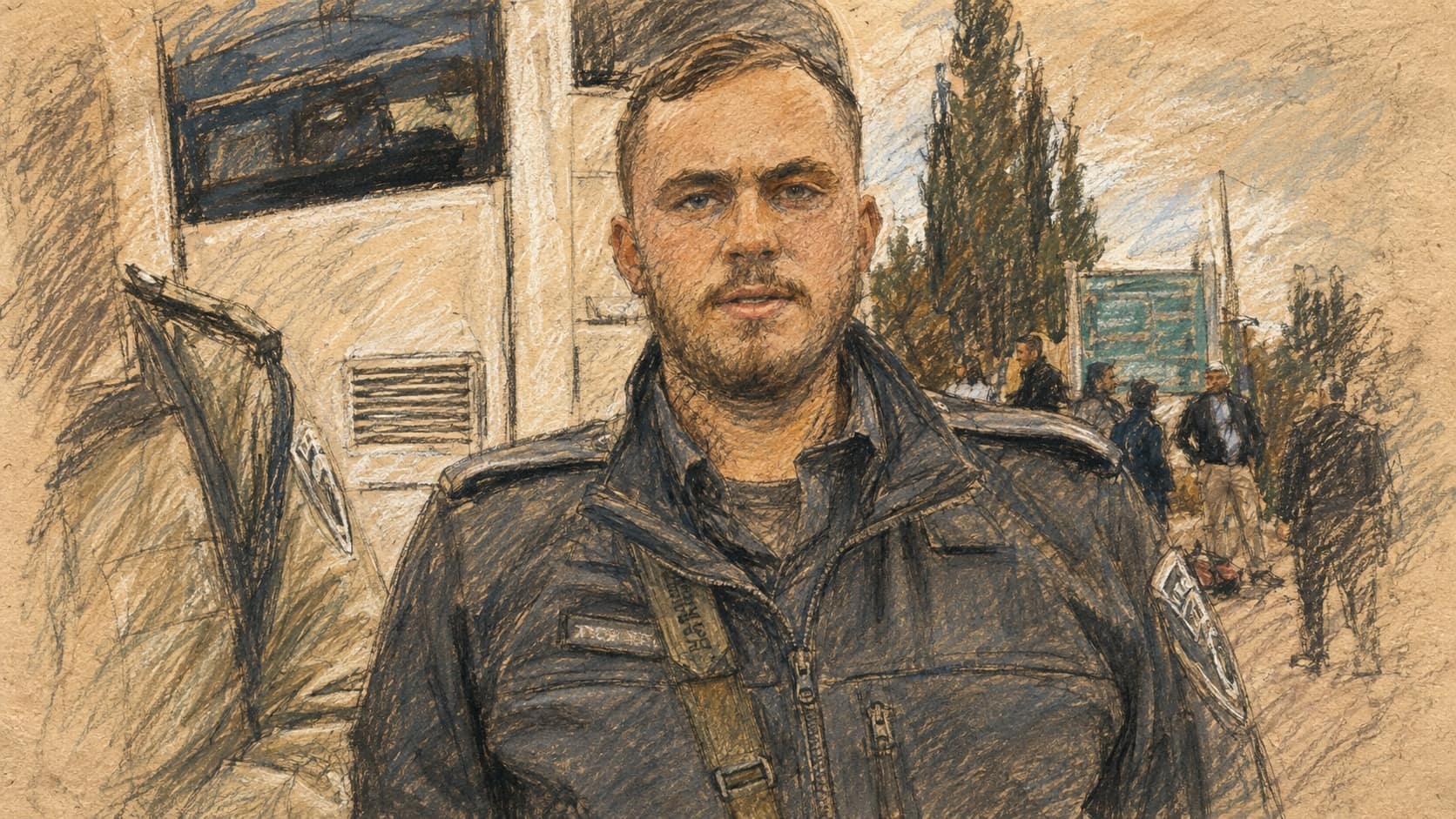 Courtroom-sketch editorial illustration of Border Police officer David Hoyer Amrani standing in uniform before a white bus, slender trees, a green road sign, and several people in the background, drawn in warm ochre and slate-blue pastel with cross-hatching on sepia newsprint.
