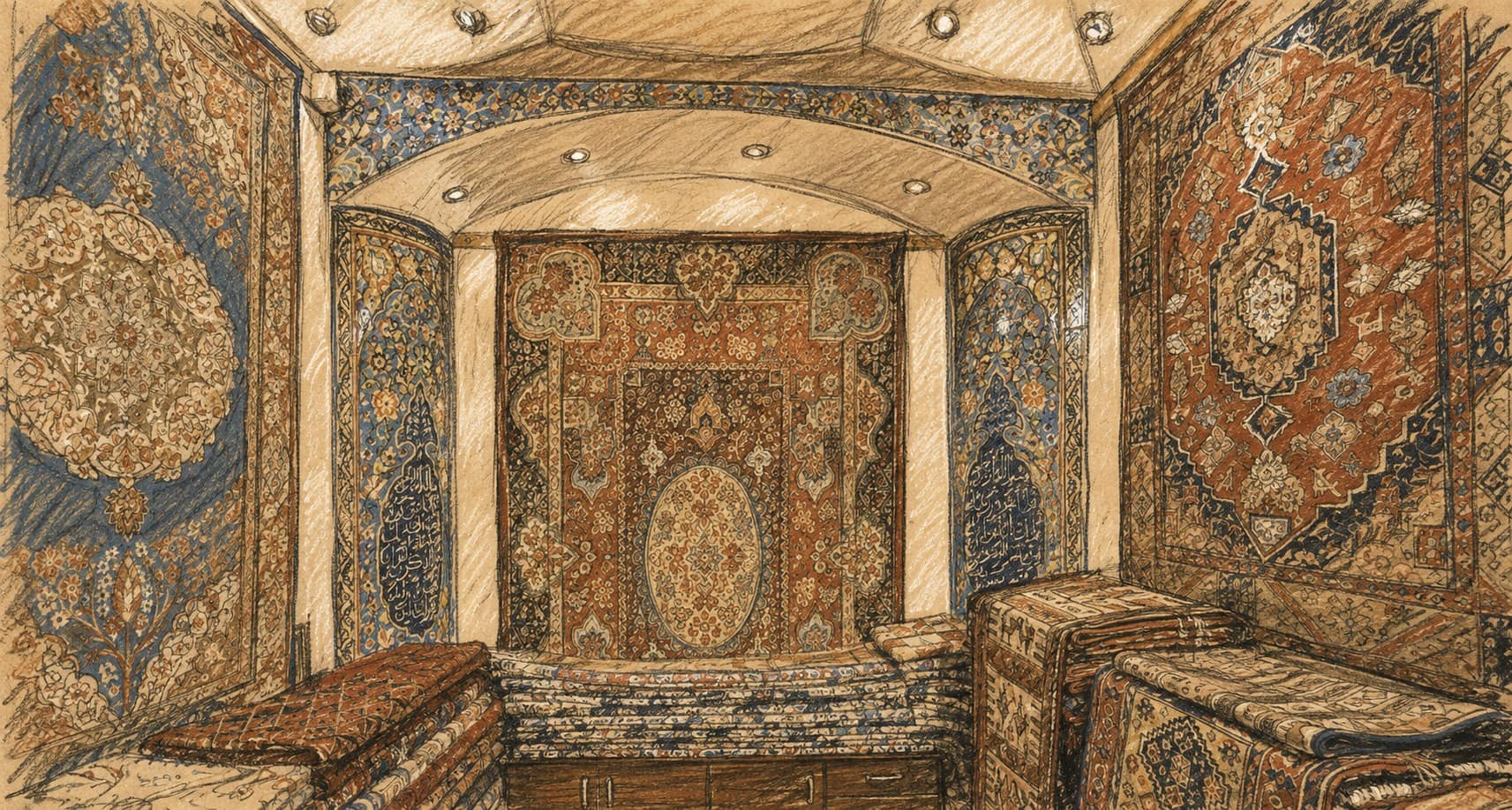 Courtroom-sketch editorial illustration of a Tehran Grand Bazaar carpet shop, with richly patterned rugs hanging across the walls and folded carpets stacked in the foreground, rendered in warm ochre and slate-blue pastel strokes.