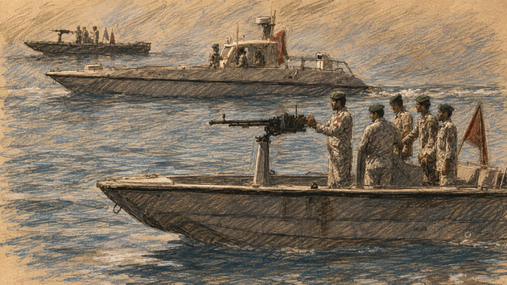 Courtroom-sketch editorial illustration of three Iranian military patrol boats on calm water, with uniformed crew and a mounted heavy machine gun aboard the foreground boat, rendered in warm ochre and slate-blue pastel strokes.