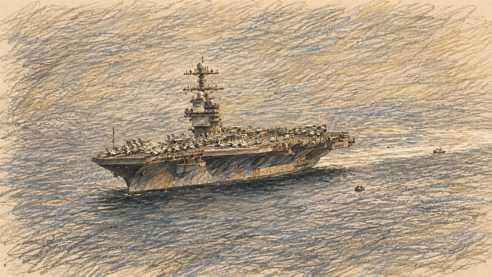 Courtroom-sketch editorial illustration of a U.S. aircraft carrier underway on open water with small vessels off its starboard side, viewed from an elevated distance and drawn in warm ochre and slate-blue pastel with cross-hatching on sepia newsprint.