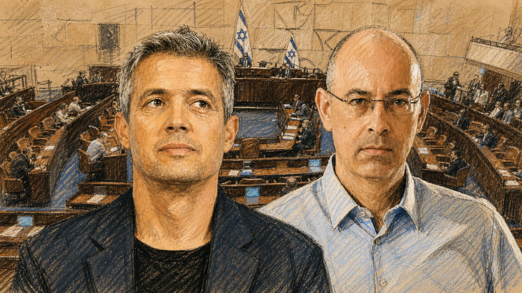 Courtroom-sketch editorial illustration of Yoaz Hendel at left and Yaron Zelekha at right in front of the Knesset chamber, drawn in warm ochre and slate-blue pastel with cross-hatching on sepia newsprint.