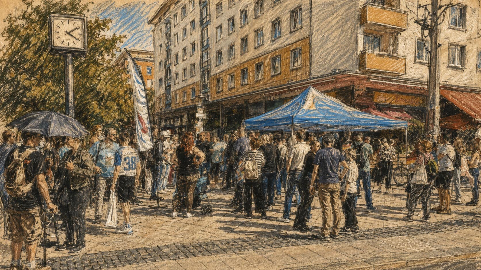 Courtroom-sketch editorial illustration of voters gathered around a blue campaign canopy at Ulrich Siegmund's Magdeburg election rally, rendered in warm ochre and slate-blue pastel strokes.