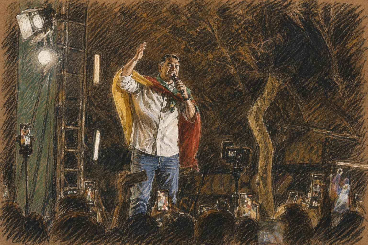 Courtroom-sketch editorial illustration of Flávio Bolsonaro raising one hand while speaking into a microphone at a nighttime rally, draped in a Brazilian flag above a crowd filming with phones, rendered in warm ochre and slate-blue pastel strokes.