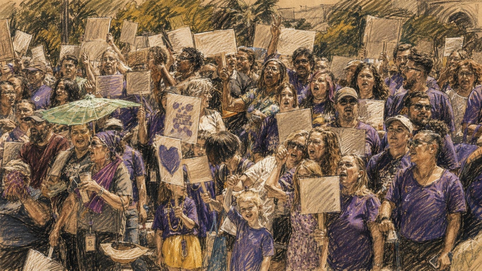 Courtroom-sketch editorial illustration of a large crowd of purple-shirted California state workers raising signs and chanting at an outdoor rally, rendered in warm ochre and slate-blue pastel strokes.
