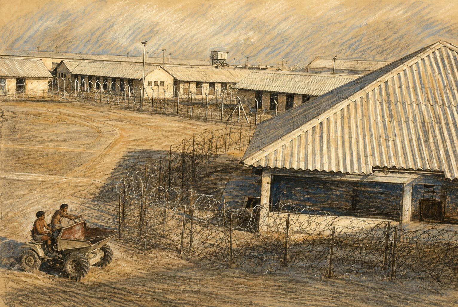 Courtroom-sketch editorial illustration of a Yemeni detention compound with low barracks behind barbed-wire fencing and two men riding in an open utility vehicle, rendered in warm ochre and slate-blue pastel strokes.