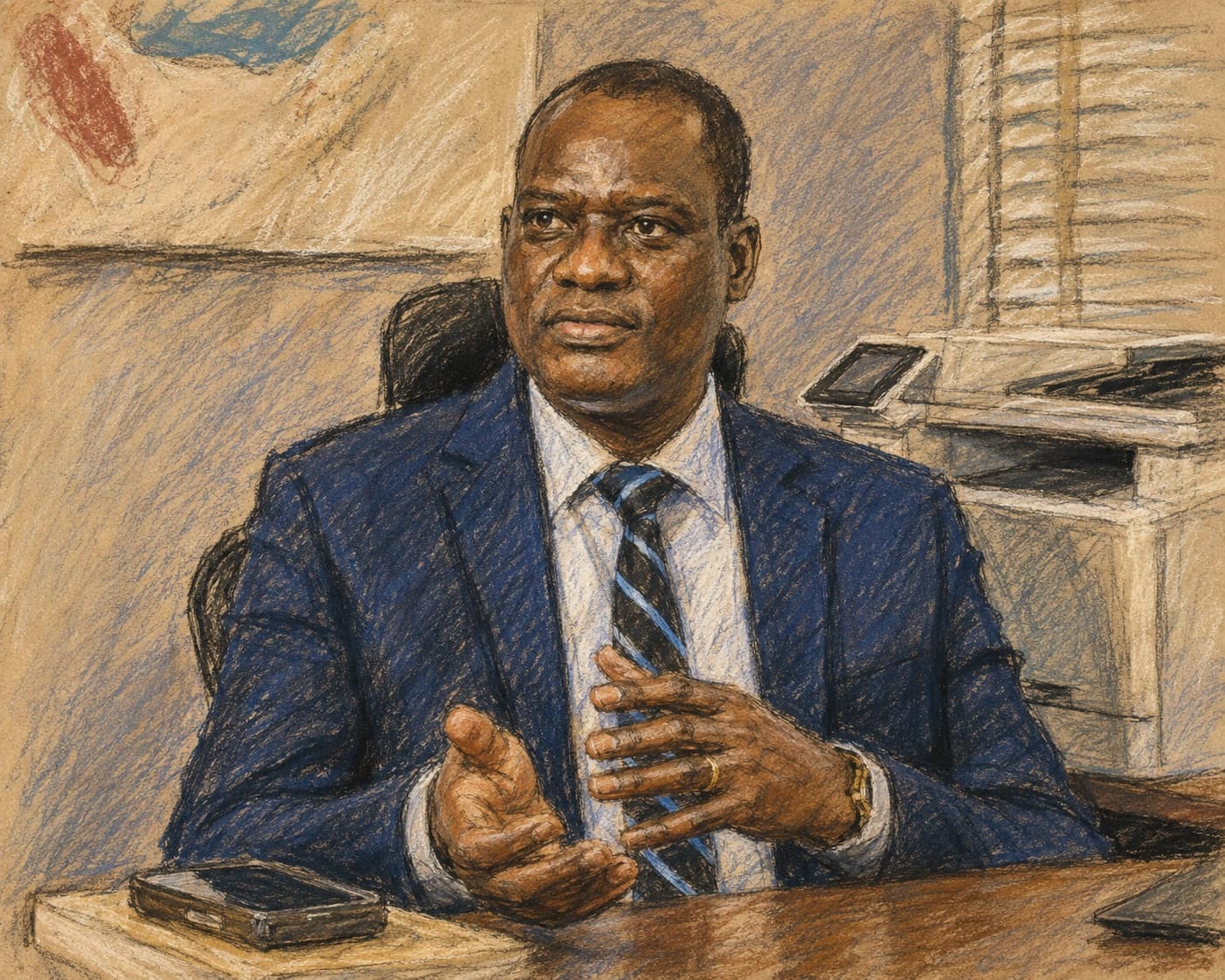 Courtroom-sketch editorial illustration of Nigerian economic adviser Taiwo Oyedele seated at an office desk and gesturing while speaking, with a printer and window blinds behind him, rendered in warm ochre and slate-blue pastel strokes.