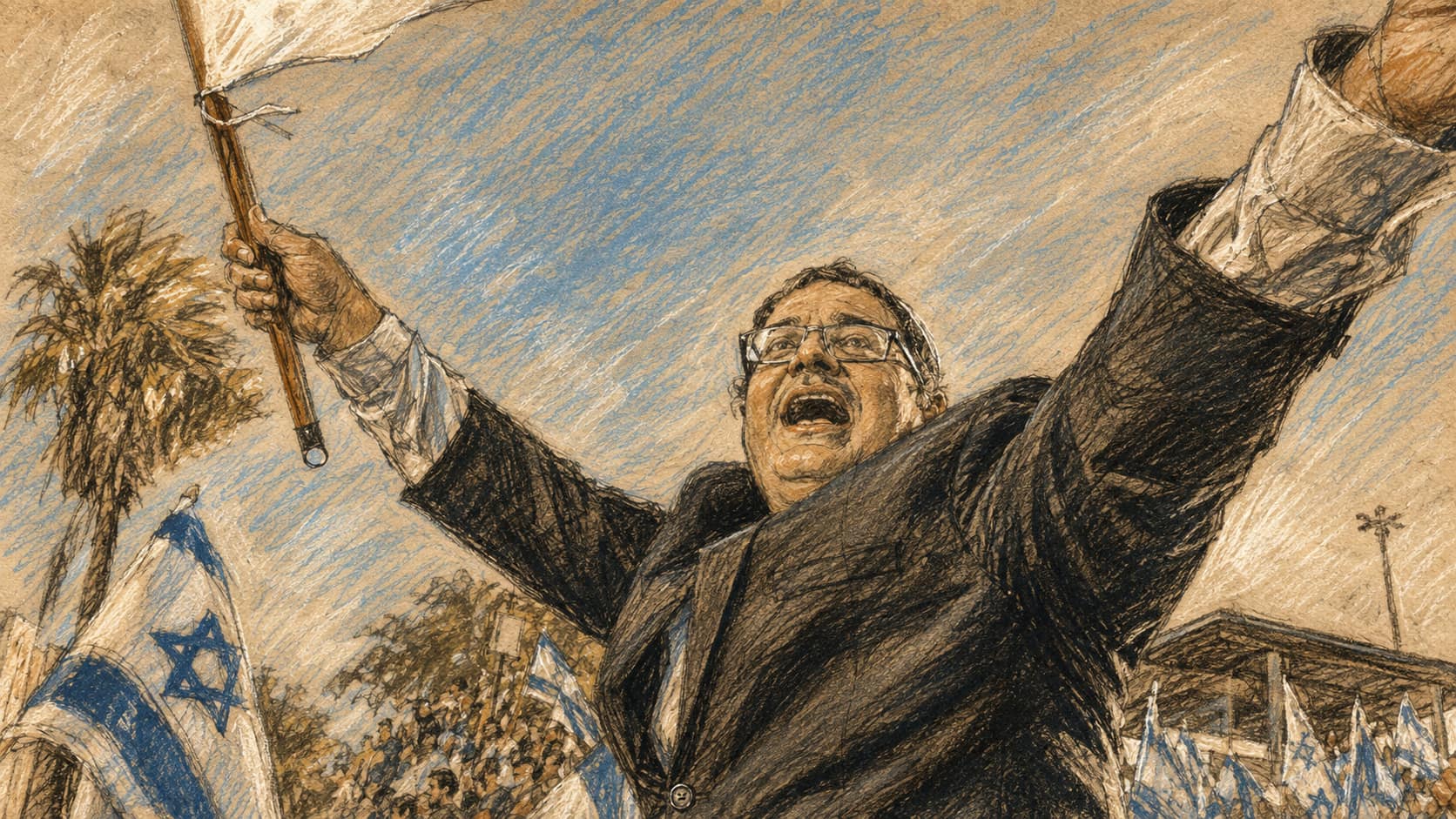Courtroom-sketch editorial illustration of Itamar Ben Gvir raising both arms above a crowd carrying Israeli flags, drawn in warm ochre and slate-blue pastel with cross-hatching on sepia newsprint.