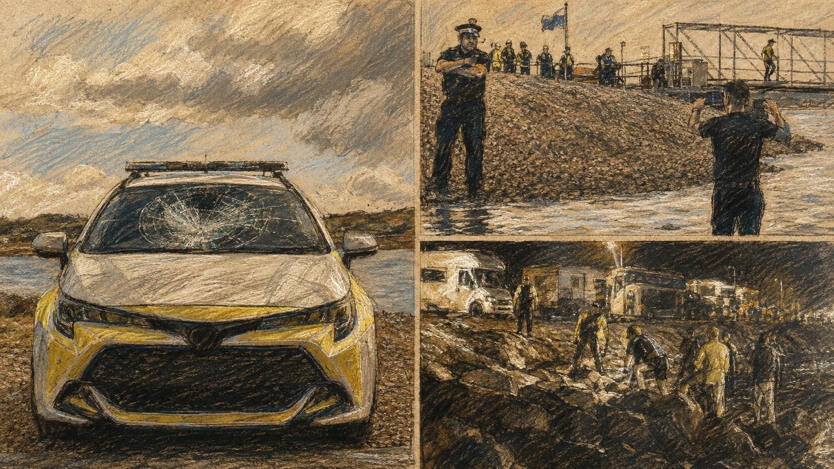 Courtroom-sketch editorial illustration of a damaged police car, officers on a shingle beach, and responders working around vehicles at night, rendered in warm ochre and slate-blue pastel strokes.