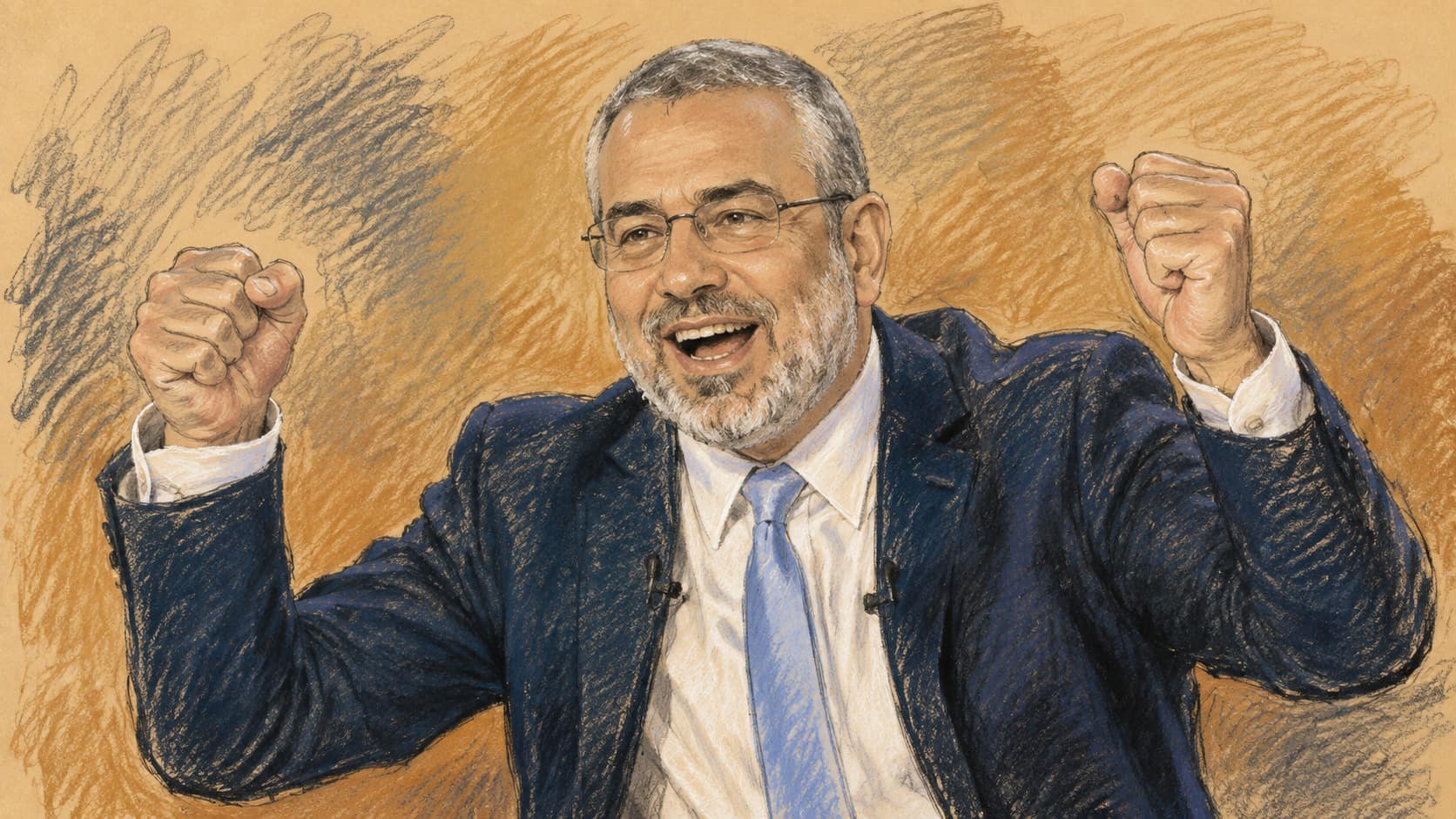 Courtroom-sketch editorial illustration of a smiling gray-haired man in glasses, a navy suit, and a pale blue tie raising both fists, drawn in warm ochre and slate-blue pastel with cross-hatching on sepia newsprint.