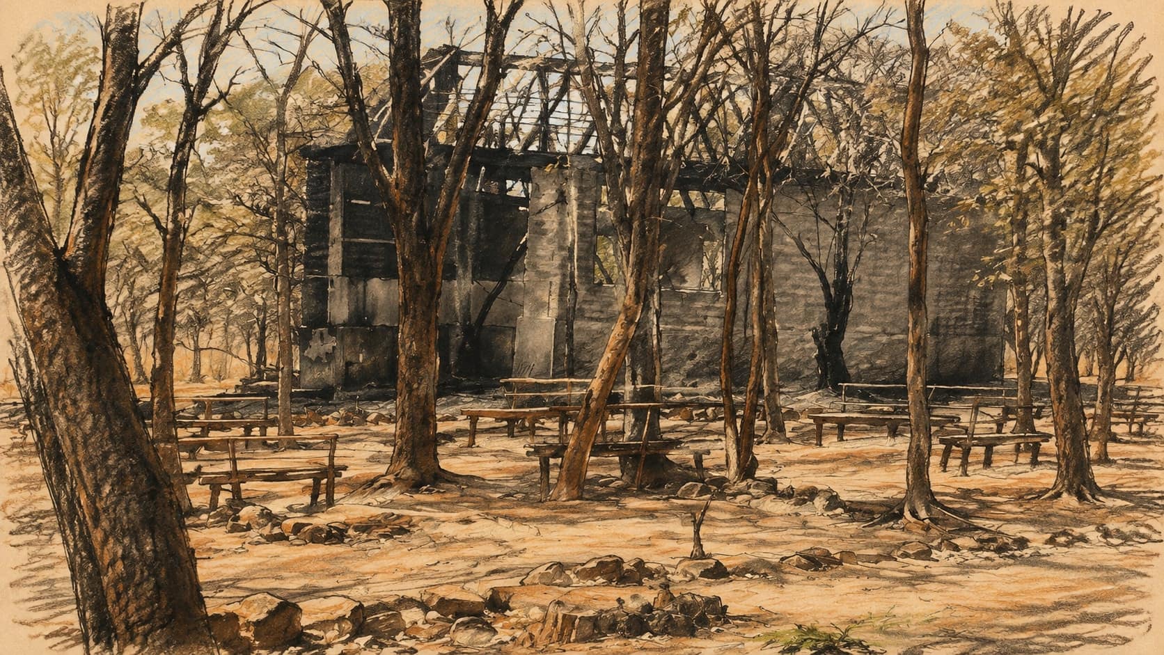 Courtroom-sketch editorial illustration of a fire-damaged concrete building among sparse trees, benches, and scorched sandy ground, rendered in warm ochre and slate-blue pastel strokes.