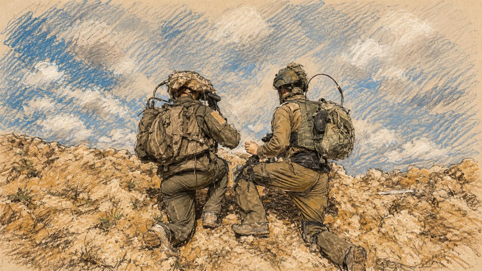 Courtroom-sketch editorial illustration of two IDF soldiers in helmets and field gear kneeling on a rocky ridge beneath a blue, cloud-filled sky, drawn in warm ochre and slate-blue pastel with cross-hatching on sepia newsprint.