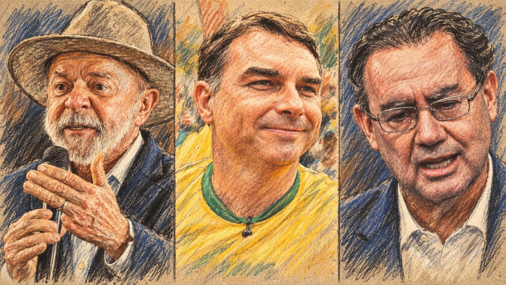 Courtroom-sketch editorial illustration of Lula speaking into a microphone beside portraits of Flávio Bolsonaro and Ronaldo Caiado, rendered in warm ochre and slate-blue pastel strokes.