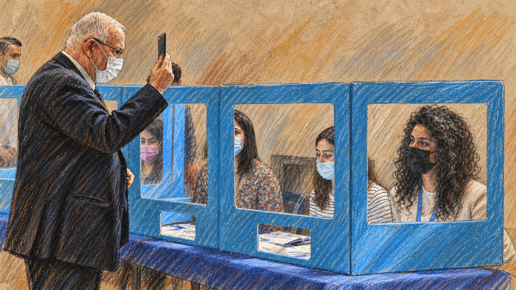 Courtroom-sketch editorial illustration of Reuven Rivlin holding up a smartphone while masked Central Elections Committee staff sit behind blue privacy partitions, drawn in warm ochre and slate-blue pastel with cross-hatching on sepia newsprint.