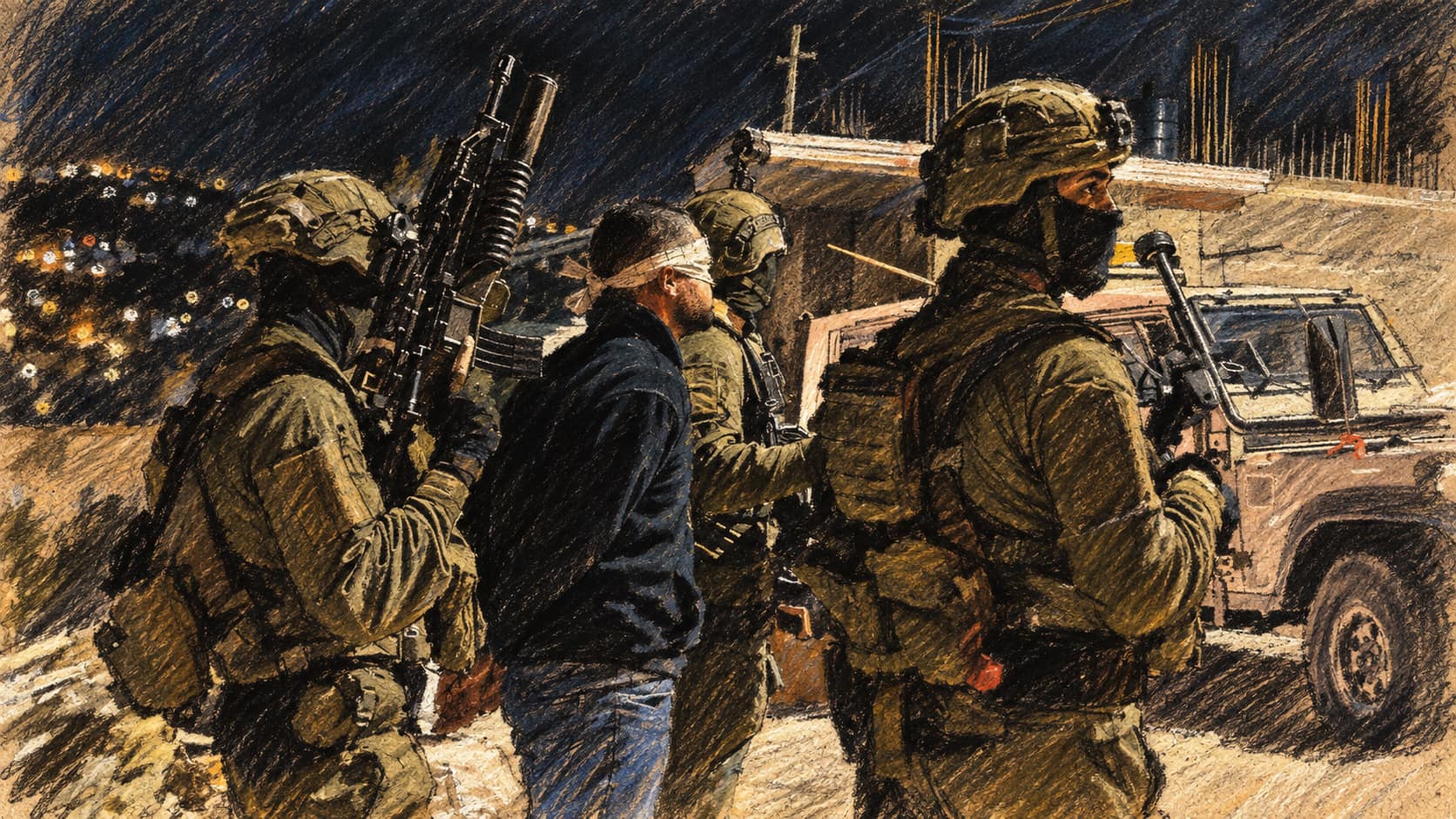 Courtroom-sketch editorial illustration of armed Israeli security personnel at night surrounding and escorting a blindfolded detainee beside a military vehicle, drawn in warm ochre and slate-blue pastel with cross-hatching on sepia newsprint.