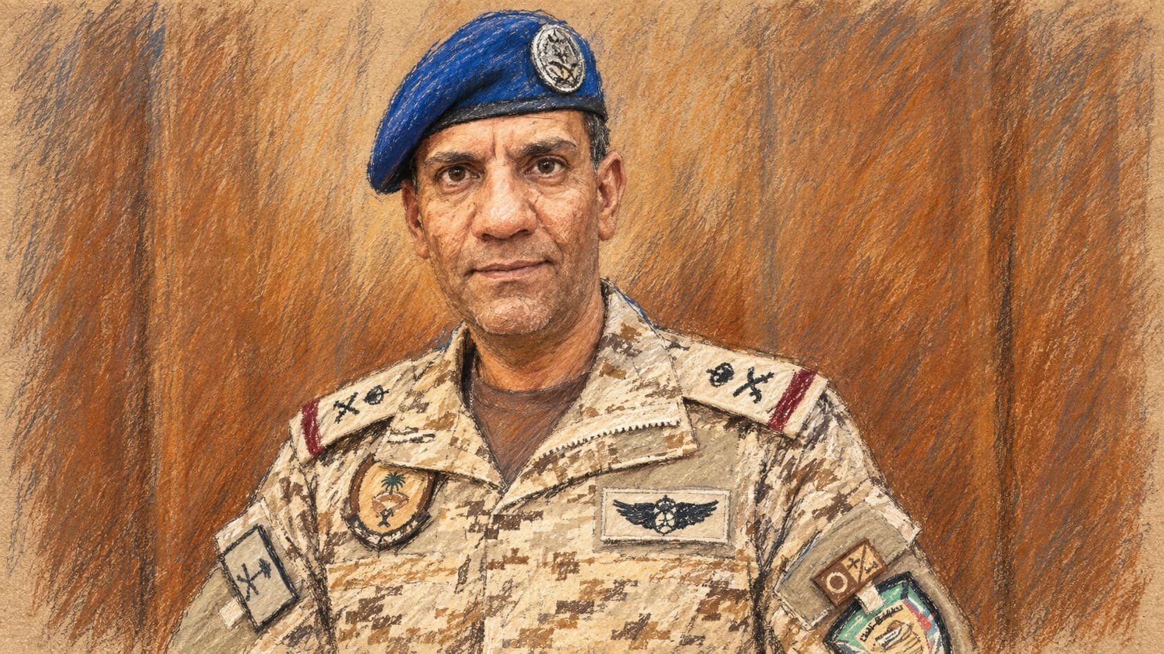 Courtroom-sketch editorial illustration of the Saudi coalition military spokesman in desert camouflage and a blue beret facing the viewer against a warm wooden backdrop, rendered in warm ochre and slate-blue pastel strokes.