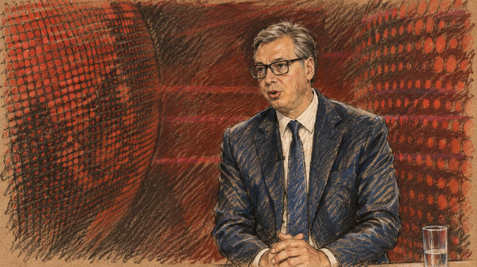 Courtroom-sketch editorial illustration of Serbian President Aleksandar Vučić seated with clasped hands during a red-lit television studio interview, rendered in warm ochre and slate-blue pastel strokes.