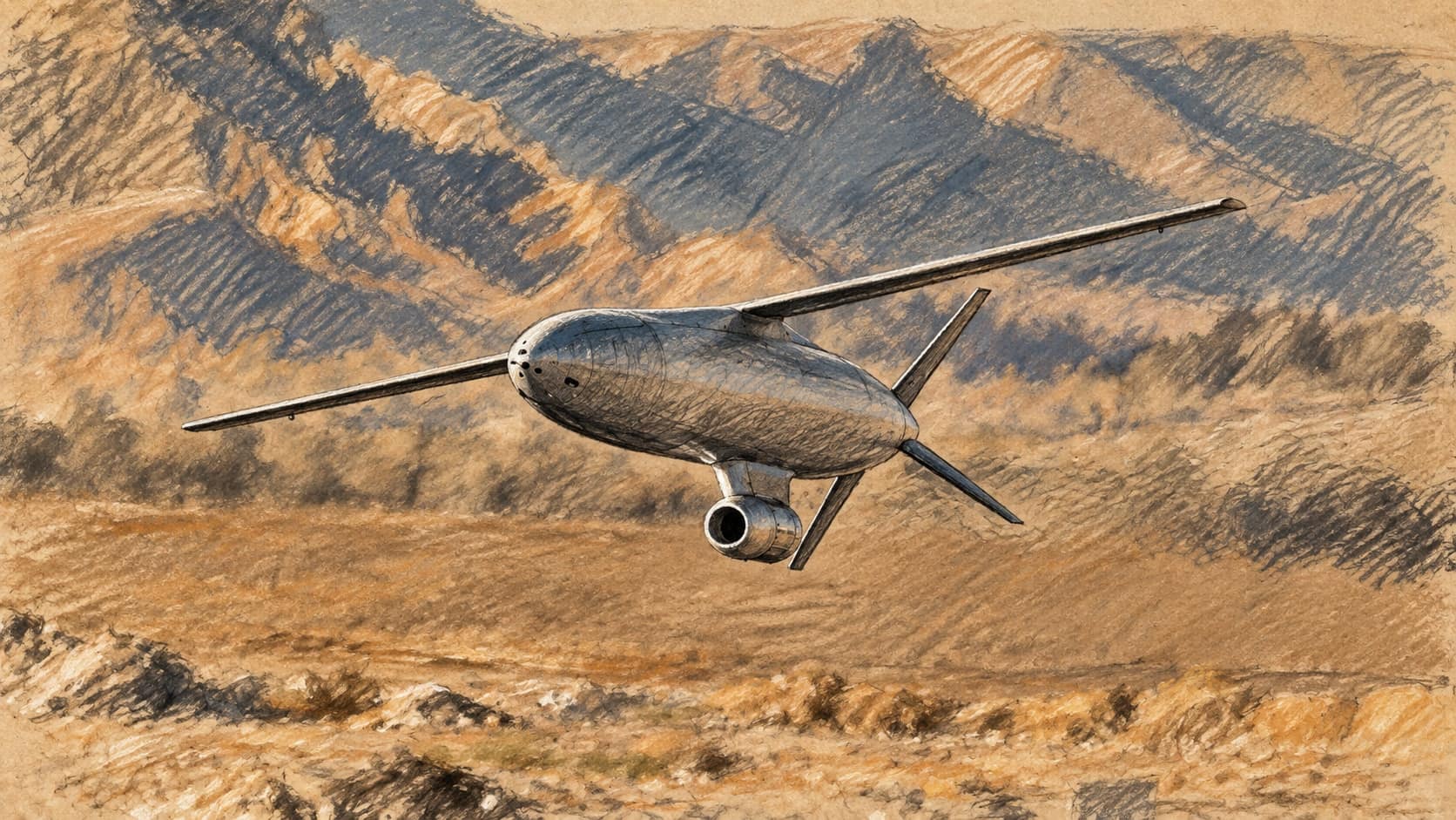 Courtroom-sketch editorial illustration of the Anthem airframe flying low toward the viewer above ochre desert terrain and rocky mountains, drawn in warm pastel and slate-blue cross-hatching on sepia newsprint.