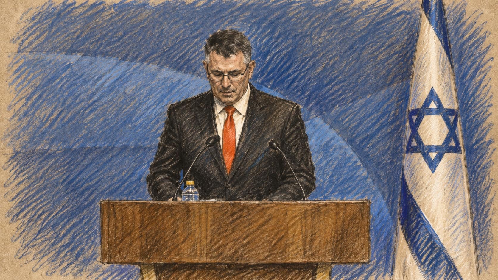Courtroom-sketch editorial illustration of Israeli Foreign Minister Gideon Sa’ar standing behind a wooden lectern with two microphones, looking down at his notes beside an Israeli flag, drawn in warm ochre and slate-blue pastel with cross-hatching on sepia newsprint.
