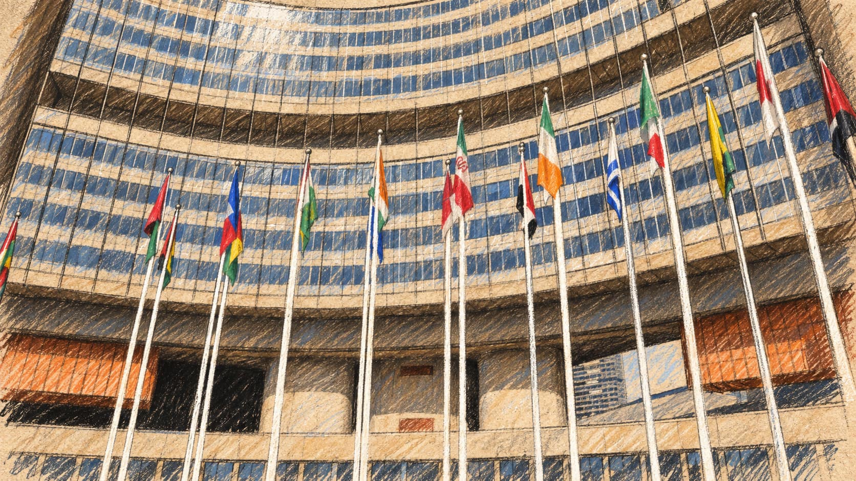 Courtroom-sketch editorial illustration of the IAEA headquarters' curved modern facade behind a row of national flags on tall flagpoles, drawn in warm ochre and slate-blue pastel with cross-hatching on sepia newsprint.