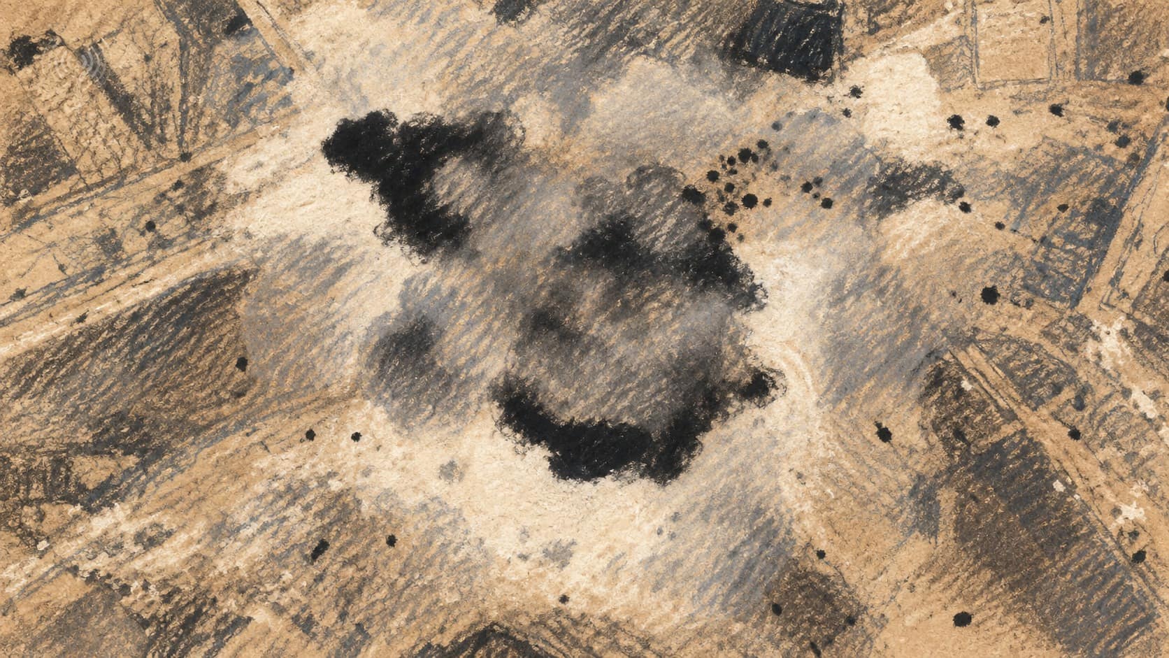Courtroom-sketch editorial illustration of an overhead view of a weapons-site strike in Gaza, with a large central explosion plume and smoke over faint ground structures, drawn in warm ochre and slate-blue pastel with cross-hatching on sepia newsprint.
