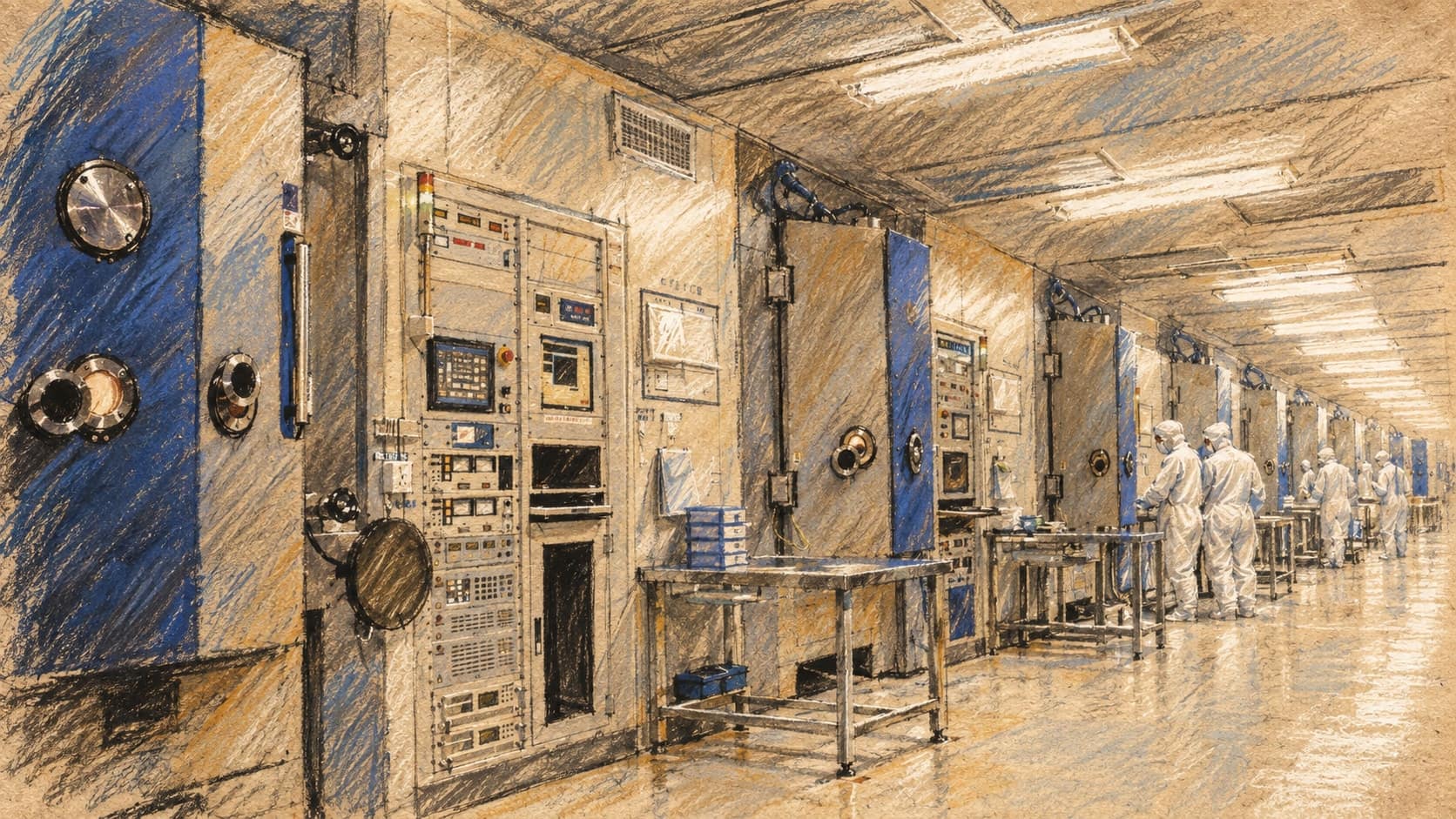 Courtroom-sketch editorial illustration of a precision-optics cleanroom lined with vacuum-coating machines and technicians in white cleanroom suits, drawn in warm ochre and slate-blue pastel with cross-hatching on sepia newsprint.