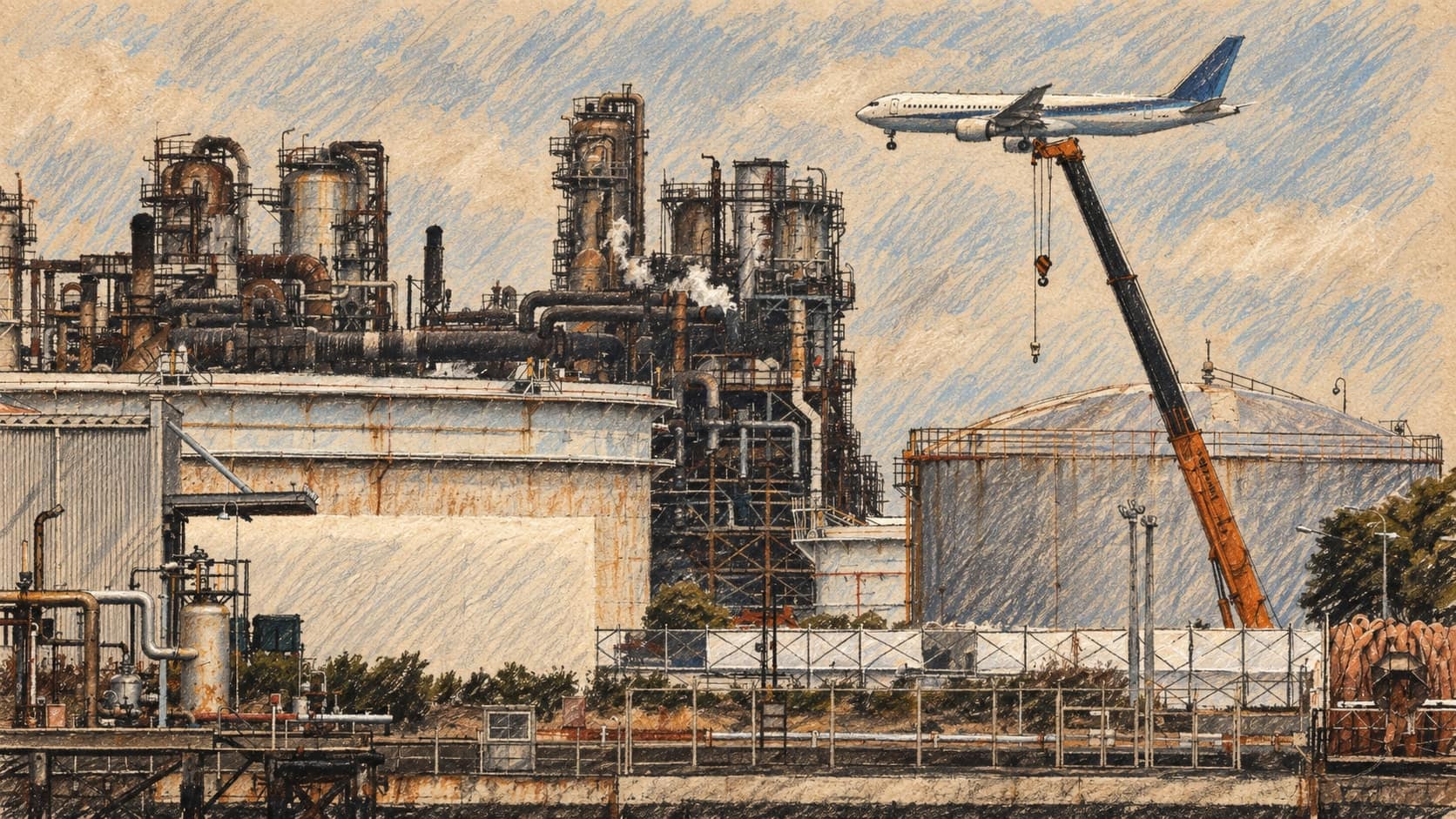 Courtroom-sketch editorial illustration of an All Nippon Airways passenger aircraft flying past an oil refinery while approaching Tokyo's Haneda Airport, with cylindrical tanks, pipes, towers, fencing and a construction crane, drawn in warm ochre and slate-blue pastel with cross-hatching on sepia newsprint.