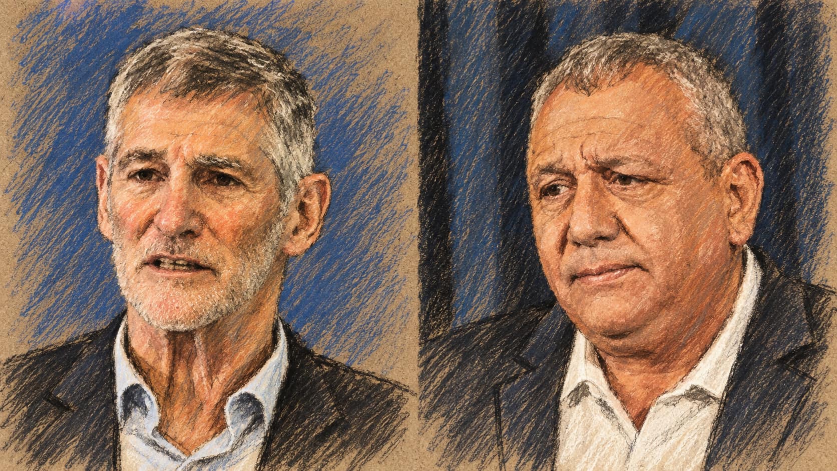 Courtroom-sketch editorial illustration of Yair Golan at left and Gadi Eisenkot at right in a split-screen pair of shoulder-up portraits against blue backdrops, drawn in warm ochre and slate-blue pastel with cross-hatching on sepia newsprint.