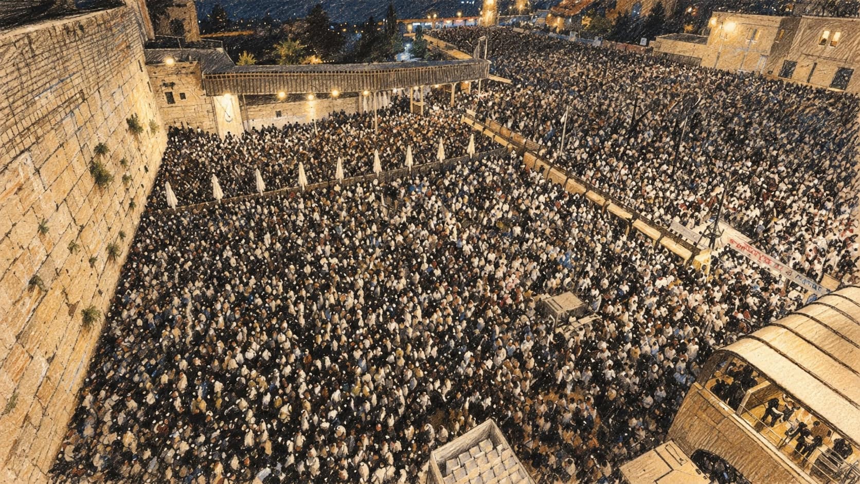 Courtroom-sketch editorial illustration of an immense crowd of worshippers filling the Western Wall Plaza at night, viewed from above with the ancient wall at left and illuminated stone structures and a covered walkway around the plaza, drawn in warm ochre and slate-blue pastel with cross-hatching on sepia newsprint.