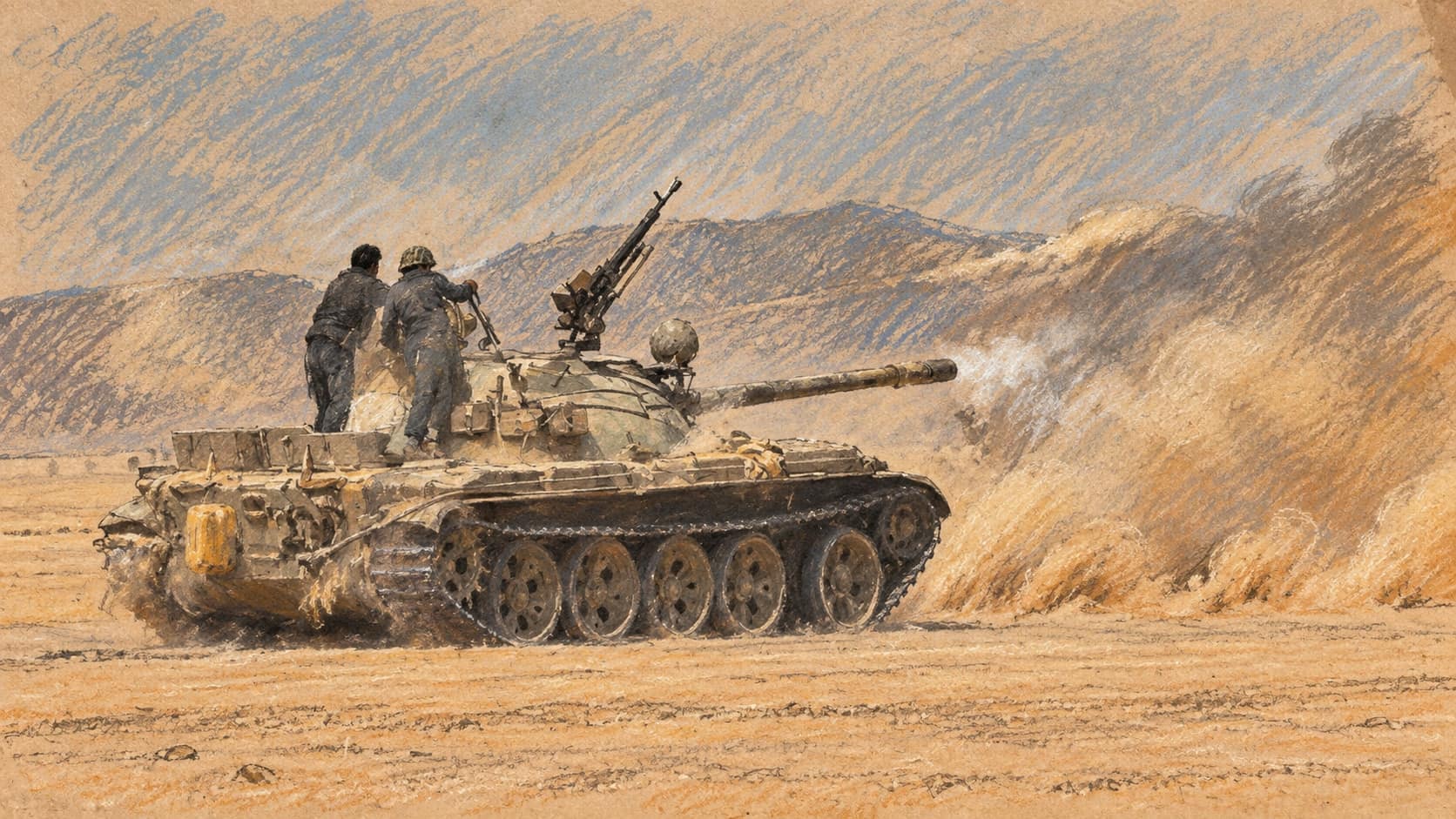 Courtroom-sketch editorial illustration of two armed figures riding atop a dust-covered tank moving across a barren desert, its main barrel pointing right as dust and smoke billow behind it, drawn in warm ochre and slate-blue pastel with cross-hatching on sepia newsprint.