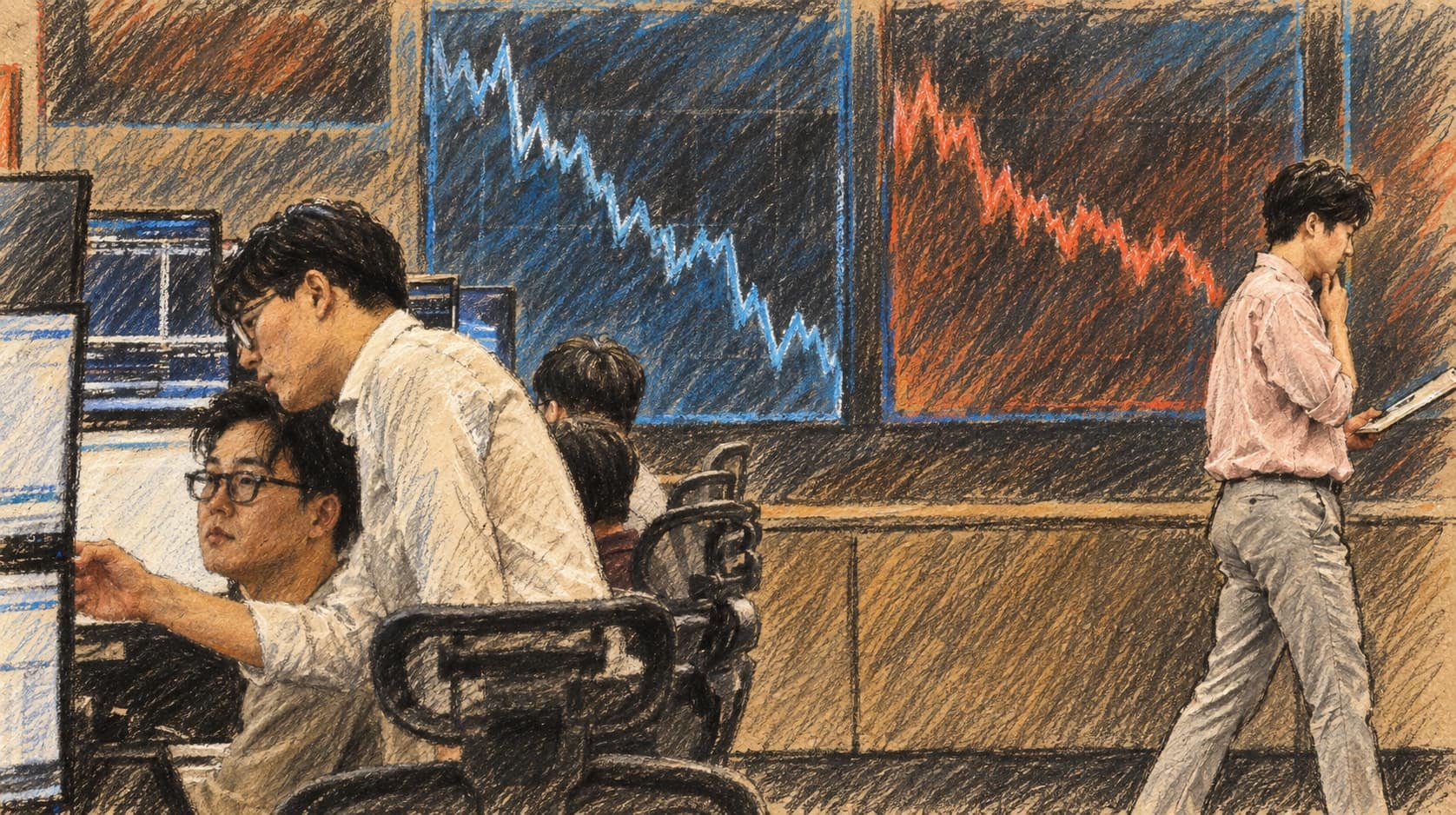 Courtroom-sketch editorial illustration of traders and market staff working in a Seoul dealing room beneath large electronic market boards, rendered in warm ochre and slate-blue pastel strokes.
