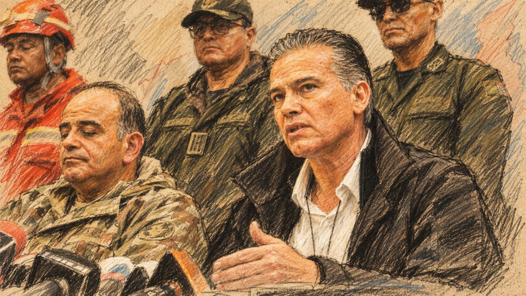 Courtroom-sketch editorial illustration of a Bolivian government official speaking at an emergency briefing beside a uniformed military officer, with police and an emergency responder standing behind them, rendered in warm ochre and slate-blue pastel strokes.