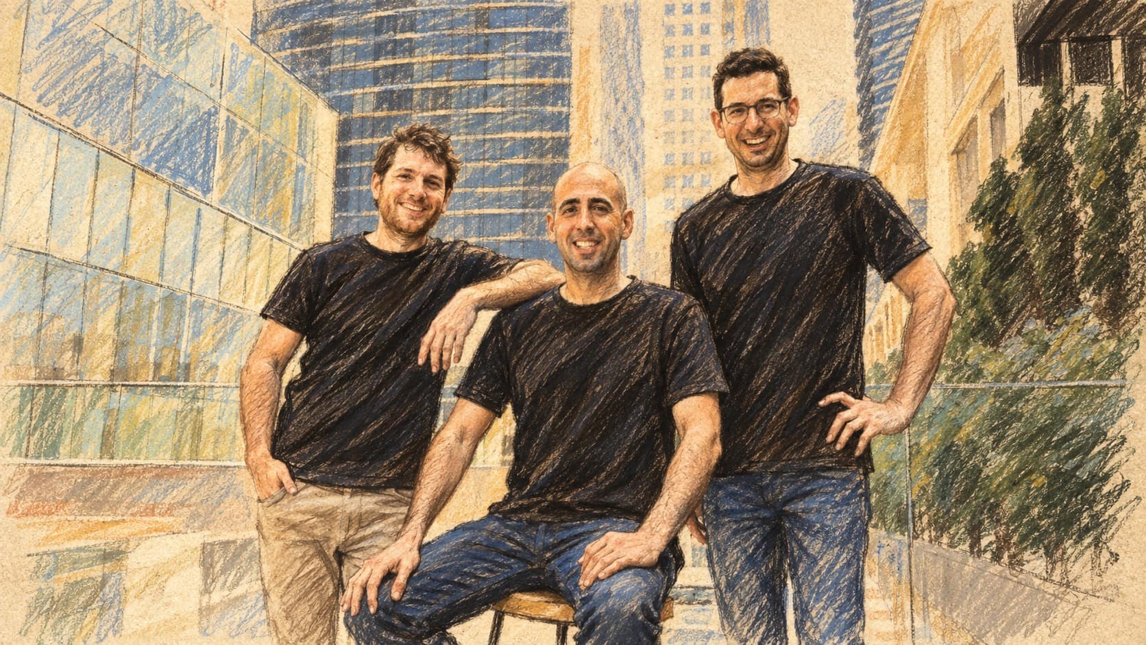 Courtroom-sketch editorial illustration of three Buildots founders posing together on a modern office terrace, with the center man seated on a stool and the other two standing beside him, drawn in warm ochre and slate-blue pastel with cross-hatching on sepia newsprint.