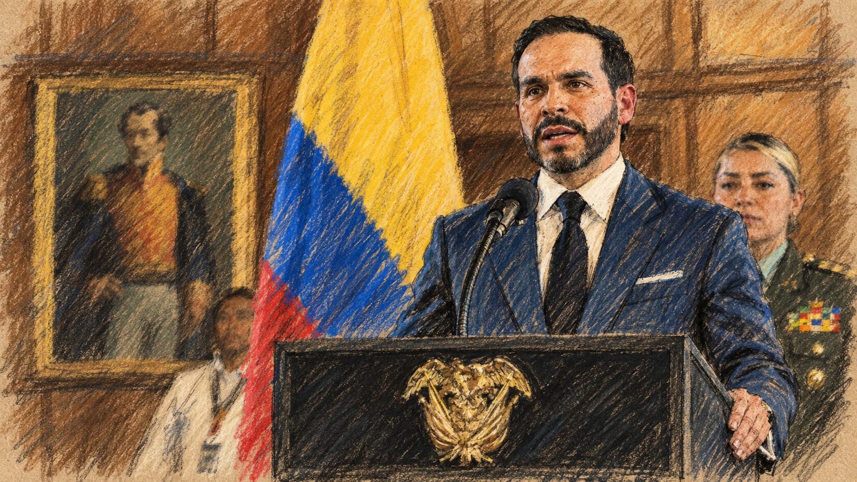Courtroom-sketch editorial illustration of Colombia's president speaking at a podium before the Colombian flag, with a military officer and staff member behind him, rendered in warm ochre and slate-blue pastel strokes.